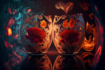 Valentines glass Red Roses with ethereal beautiful light behind inside ornate glasses. Generative AI, this image is not based on any original image, character or person.