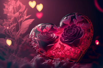 Valentines Red Roses encased in heart shaped glass with ethereal beautiful light behind. Generative AI, this image is not based on any original image, character or person.