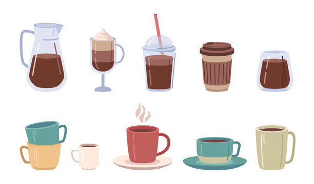 Coffee drinks and beverages served in mugs and plastic cups for take away. Cafe or shop drinks to go, tasty isolated coffee in mugs. Vector in flat style