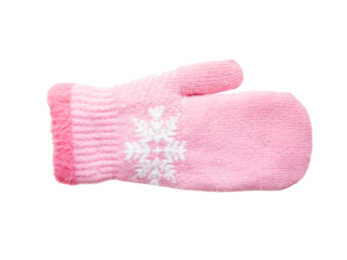 pink knitted mitten with a snowflake pattern on a white background