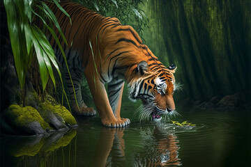 Fototapeta na wymiar Wild Tiger Drinking Water in a River, Tiger Animal in a Tropical Jungle Illustration, Generative AI