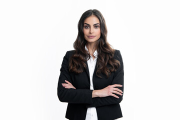 Portrait of successful business woman in suit on gray isolated background. Serious office female worker, manager employees.