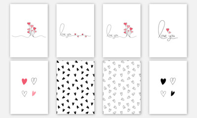 Set of 8 happy Valentine's Day set of simple cards, banners or backgrounds with heart frame and pattern in modern flat style for decor, greetings, packaging, print. Vector EPS 10