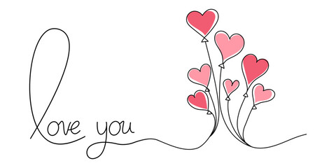 Postcard design for Valentine's Day. Linear hearts. The inscription I love you with hearts and balloons on isolated background. Love concept. Vector EPS 10