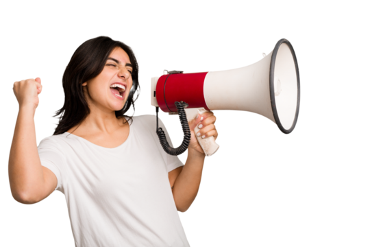 Young Indian woman holding a megaphone isolated - Powered by Adobe