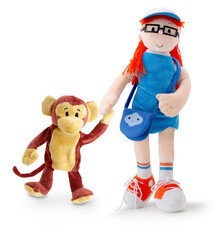 Niña y mono, muñecos de trapo sobre fondo blanco. Girl and monkey, rag dolls on white background.
