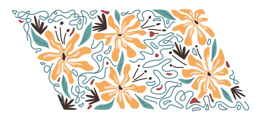 Blooming flowers with leaves and foliage, petals and abstract lines. Pattern or decoration, adornment floral design. Spring botany, vector in flat style