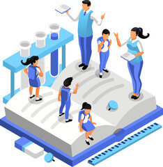 School students and teachers in the lab, a group of people standing on top of a book, a vector textbook illustration. Children and young people in a science laboratory. Playful simple isometric design - 563884657