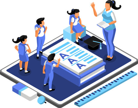 School students and their teachers a group of people standing on top of a laptop vector illustration. Children and young people in a school virtual classroom. Playful isometric ar design.