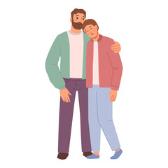 Parent comforting kid, isolated dad hugging upset or depressed teenage boy. Father cuddling and calming down sad and unhappy personage. Vector in flat style