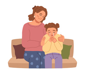Mother hugging and comforting crying daughter child, parent taking care of emotions of kid. Mom cuddling upset daughter, soothing and quieting. Vector in flat style