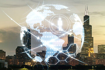 Virtual social network media hologram and world map on Chicago cityscape background. Double exposure