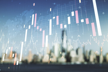 Multi exposure of virtual abstract financial graph hologram and world map on blurry skyscrapers background, financial and trading concept