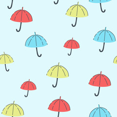 Seamless pattern with black umbrellas and leaves on a white background. Cute autumn print for textiles, wrapping paper and design