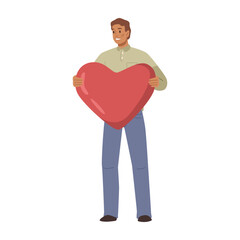 Male character standing with heart shape, isolated man expressing love and feeling of fondness and loyalty. Saint Valentines day celebration or greeting. Vector in flat style