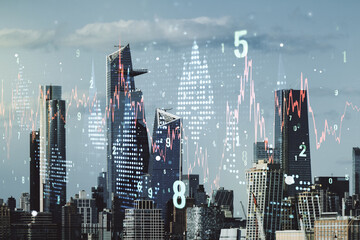 Abstract virtual financial graph hologram on New York cityscape background, financial and trading concept. Multiexposure