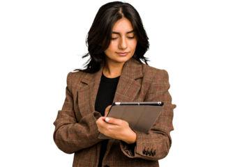 Young indian woman using her tablet isolated