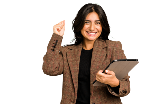 Young indian woman using her tablet isolated