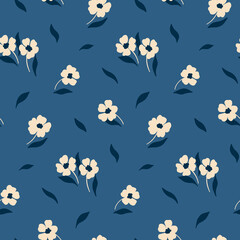Seamless floral pattern, cute flower print with simple white flowers on a blue background. Pretty ditsy surface design with hand drawn plants: small flowers, leaves. Vector illustration.