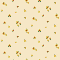 Seamless floral pattern, cute flower print with mini flowers buds. Romantic ditsy design with fine hand drawn botany: tiny yellow flowers, leaves on a light background. Vector illustration.