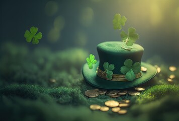 Obraz na płótnie Canvas Leprechaun hat with gold coin and shamrock, idea for Saint Patrick's day celebrate background wallpaper Generative Ai