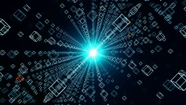 Moving wire cubes in an infinite space. Endless loop of neon blue wire cubes in parallel rows. Futuristic, abstract, frame and shapes. 3D animation