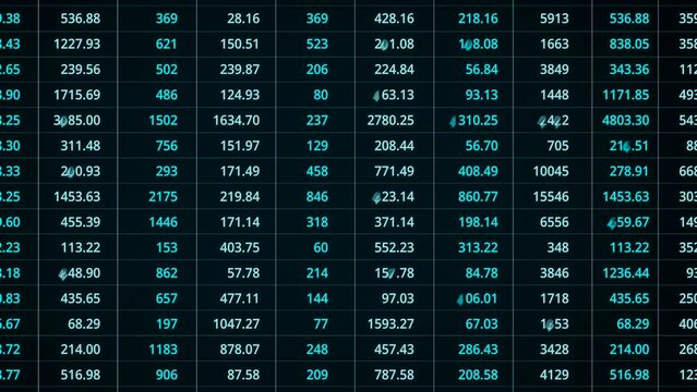 Blue spreadsheet with numbers. Rows and lines with numbers. Analyzing data, market research or investment. Business data, products, financial report  or science statistic. 3D animation