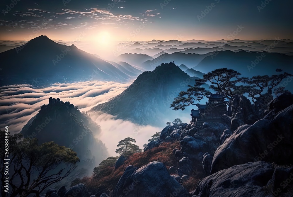 Wall mural beautiful sea of clouds view from hill top with sunlight idea for nature background generative ai