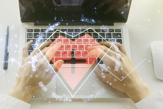 Creative abstract heart rate sketch and hands typing on computer keyboard on background, Medicine and healthcare concept. Multiexposure