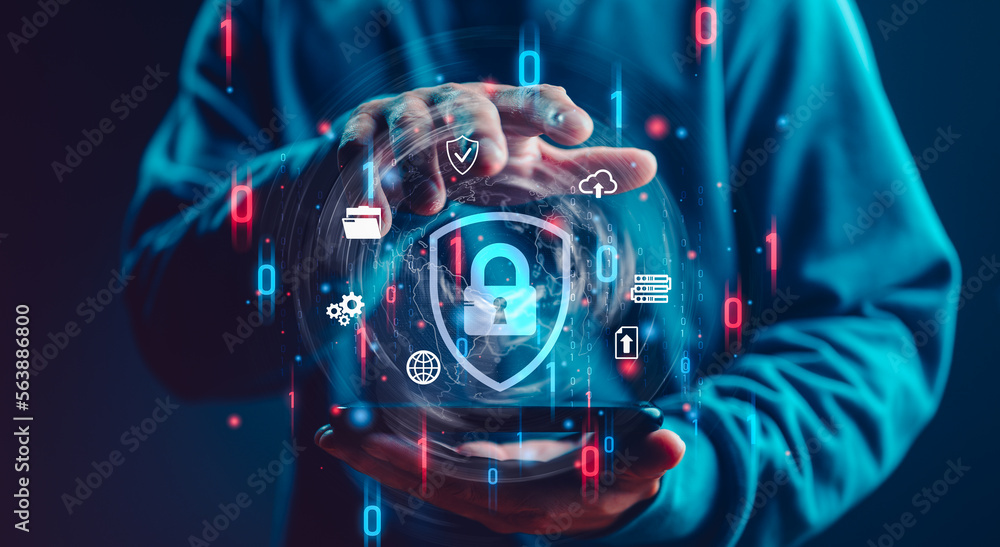 Poster Cybersecurity and privacy concepts to protect data. Lock icon and internet network security technology. Businessman protecting personal data on smartphone, virtual screen interfaces. cyber security.