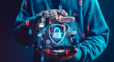 Cybersecurity and privacy concepts to protect data. Lock icon and internet network security technology. Businessman protecting personal data on smartphone, virtual screen interfaces. cyber security. - Powered by Adobe