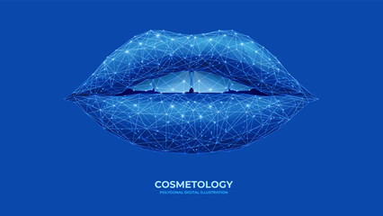 Famale smile. Digital female mouth in lines and geometric shapes. Isolated polygonal lips and teeth on blue background. Technology cosmetology concept. Monochrome vector. - obrazy, fototapety, plakaty