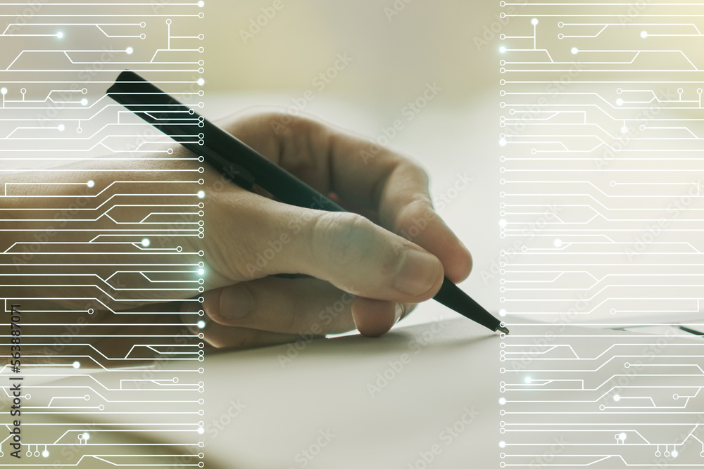 Poster double exposure of circuit hologram and man hand writing in notebook on background. research and dev