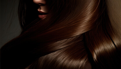half-face woman lips and nose and brown healthy shiny  long hair texture, generative ai beautiful background