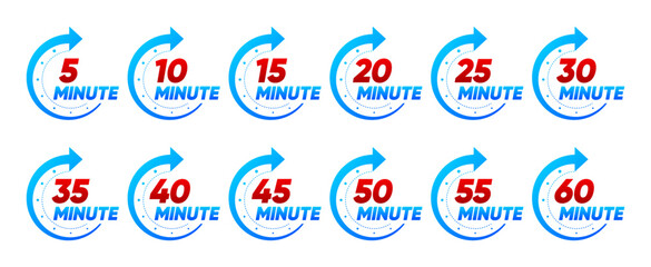 10, 15, 20, 25, 30, 35, 40, 45, 50 min. Timer, clock, stopwatch isolated set icons. Kitchen timer icon with different minutes. Cooking time symbols. Great design for any purposes. Vector illustration.