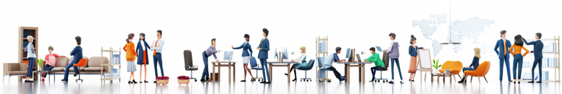 Office with lots of working people, big business team working together in open plan working space. Business people having meeting, discussing  deal. Panoramic view. 3D rendering illustration