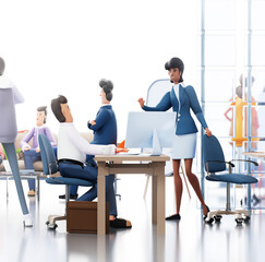 Office with lots of working people, big business team working together in open plan working space. Business people having meeting, discussing  deal. 3D rendering illustration