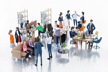 Office with lots of working people, big business team working together in open plan working space. Business people having meeting, discussing  deal. 3D rendering illustration