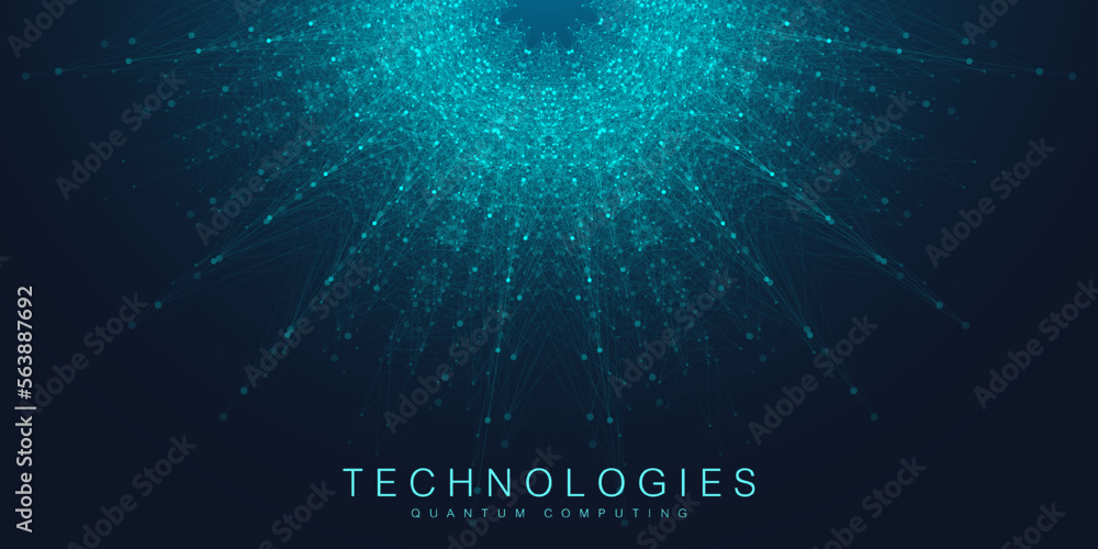 Poster Digits abstract background with connected line and dots, wave flow. Digital neural networks. Network and connection background for your presentation. Graphic polygonal background. Vector illustration.