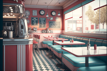 Interior of an american diner in 50s style generated with AI