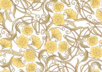 Decorative flowers and leaves in art nouveau style, vintage, old, retro style. Seamless pattern, background. Vector illustration. In art nouveau style, vintage, old, retro style.