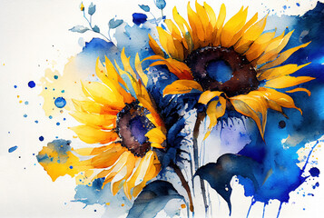 Yellow and blue sunflowers in splashes of watercolor paint as Ukraine flag colors and Ukrainian culture symbol generative AI watercolor illustration - 563888273