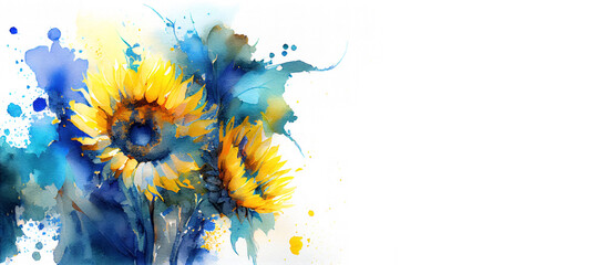 Yellow and blue sunflowers in splashes of paint as Ukraine flag colors and Ukrainian culture symbol generative AI watercolor banner with copy space - 563888287