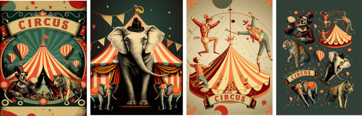 Fototapeta Сircus. Vector vintage illustrations of  acrobats, circus tent, animals, elephant, tiger, clown for retro poster, background and ticket obraz