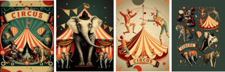 Zelfklevend Fotobehang Сircus. Vector vintage illustrations of  acrobats, circus tent, animals, elephant, tiger, clown for retro poster, background and ticket © Ardea-studio