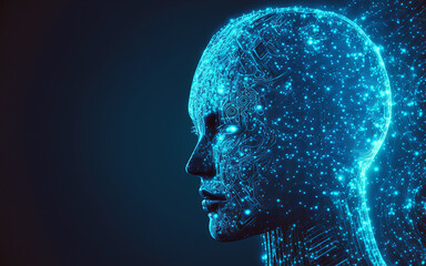 Obraz premium artificial intelligence concept,outline shape of female face and data flow on blue background