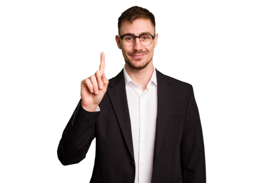 Young caucasian business man cutout isolated showing number one with finger.
