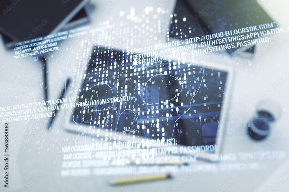 Poster creative code skull hologram and modern digital tablet on desktop on background, top view, cybercrim