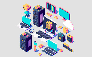 set of vector full color computer technology isometric icons, server room, digital devices set, elements for design, laptop pc