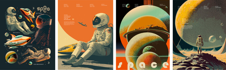 Space, science fiction, future. Vector retro illustrations of astronaut, galaxy, planet, moon, space objects for poster, background or cover - obrazy, fototapety, plakaty